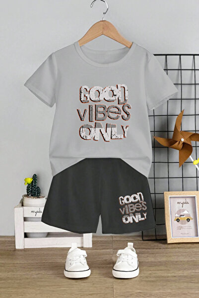 MYADA Set pentru copii cu imprimeu Good Vibes Only - Gât crew, pantaloni scur...