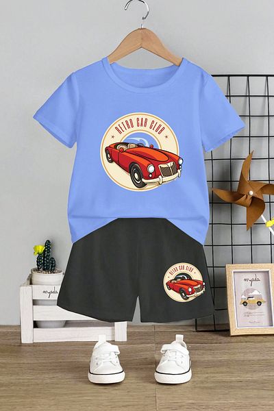 MYADA Set pentru copii cu model retro Car Club, cu gâtul turn și pantaloni scurți elastici - Set de 2 12566