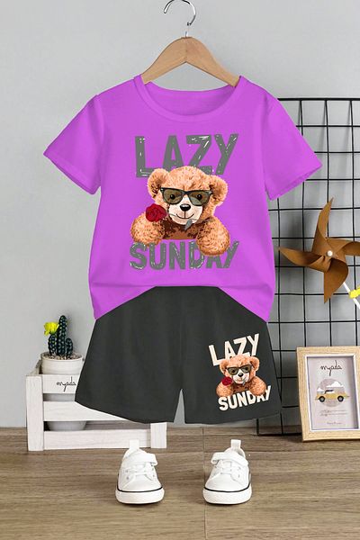 MYADA Set pentru copii cu decolteu rotund cu imprimeu Lazy Sunday Rose - pantaloni scurți elastici, 12659
