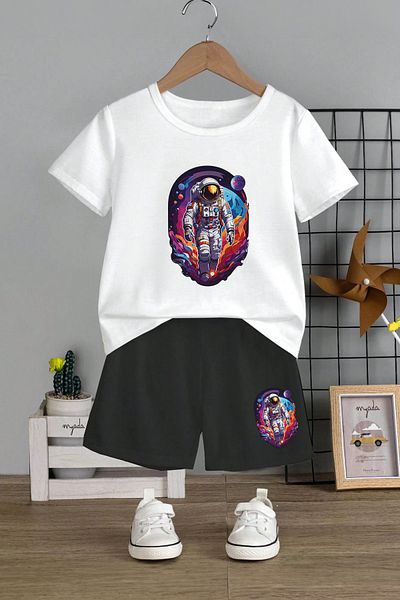 MYADA Astronaut Printed Children's Set with Long Shorts - Crew Neck, Elastic, Set of 2 12356