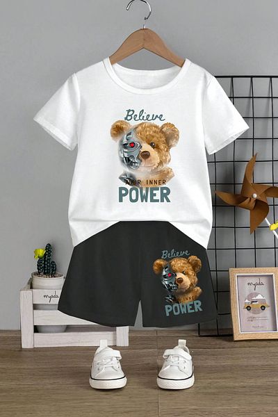 MYADA Believe Power Robot Bear Printed 2-Piece Kids Set - Crew Neck, Elastic Shorts, 12687