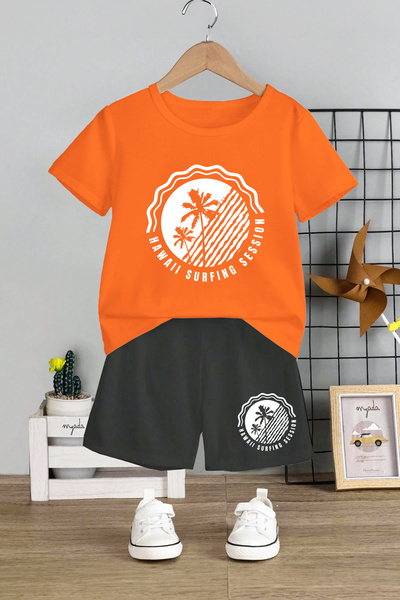 MYADA طقم أطفال مكون من قطعتين بطبعة هاواي لركوب الأمواج - رقبة دائرية وشورت ...