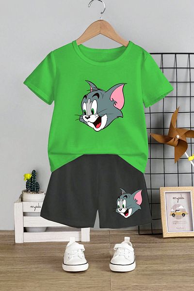 MYADA Crew Neck Elastic Shorts Tom Cartoon Printed Children's Set - 12438