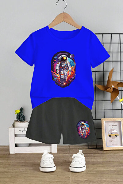 MYADA Set pentru copii cu imprimeu astronaut cu pantaloni scurți lungi - Gât ...