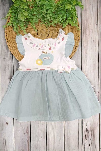 dinamik çocuk Apple Embroidered Baby Collar Baby Girl Dress - 100% Cotton, Muslin Bottom, 3-24 Months