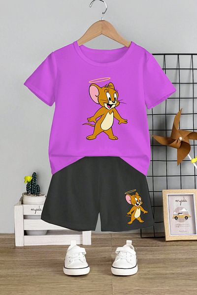 MYADA Jerry Cartoon Printed 2-Piece Kids Set - Crew Neck, Elastic Shorts, 12439