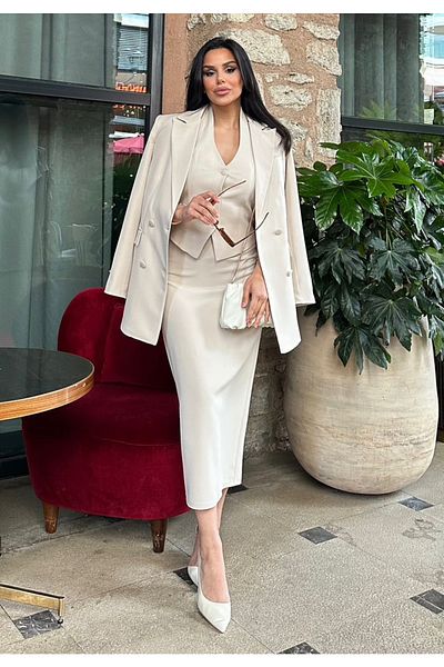 pembekurdelem Stone Color Women's Jacket and Vest Skirt Set