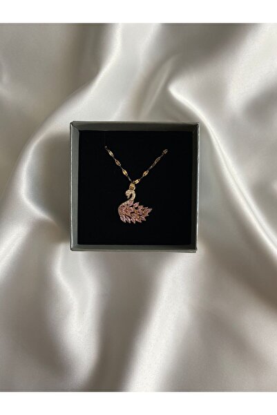 Harikaa takı Pink Swan Taşlı Altın Renk Çelik Kuğu Kolye