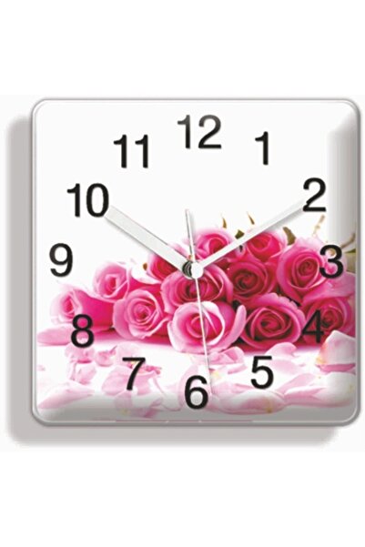 M3DECORİUM Gül Demeti Kare Bombe Camlı Mıknatıslı Buzdolabı Ve Duvar Saati