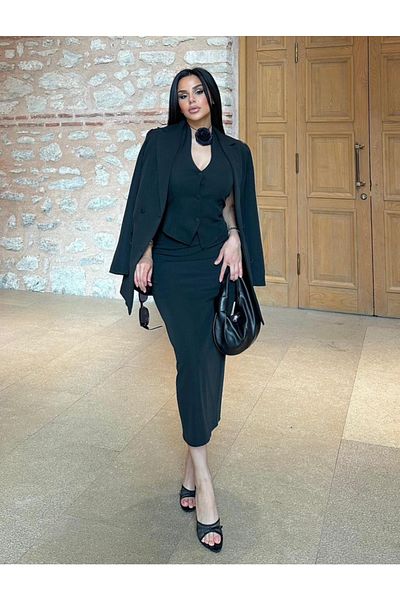 pembekurdelem Black Women's Jacket and Vest Skirt Set
