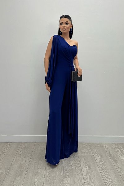 giyimmasalı Saks Blue Chiffon Single Sleeve Jumpsuit