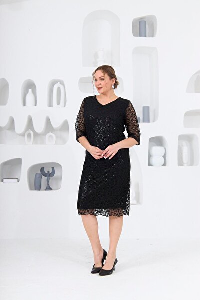 RMG Dantel ve Pul Payet detaylı Astarlı Büyük Beden Elbise Siyah1