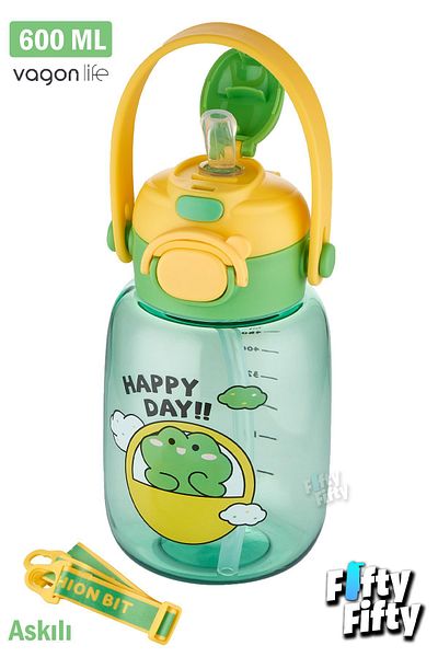 Vagonlife 600 ML Single Lid Water Bottle with Strap and Carrying Handle - with/without Straw FFVGN2028