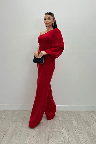 giyimmasalı Κόκκινη φόρμα σιφόν μανίκι - κρεπ ύφασμα, λεπτομέρεια παγιέτας