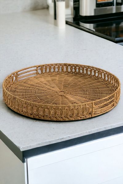 oceanpoint 35CM Natural Rattan Presentation Tray - Tea Brown, Handle and Decorative