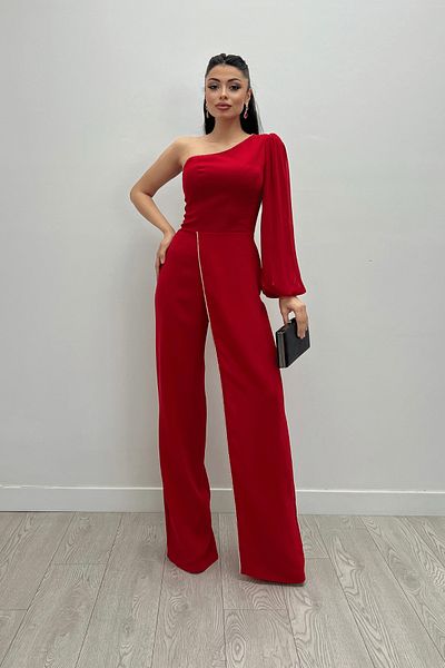 giyimmasalı Κόκκινη φόρμα σιφόν μανίκι - κρεπ ύφασμα, λεπτομέρεια παγιέτας