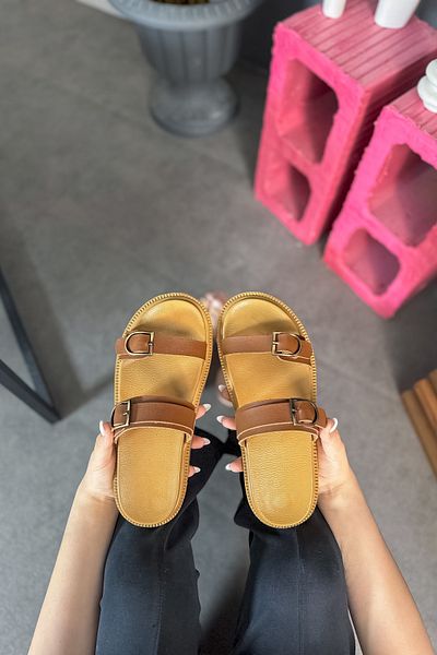 SHOEBELLAS Ryan Women's Slippers - Tan Color, Two Buckle Detail