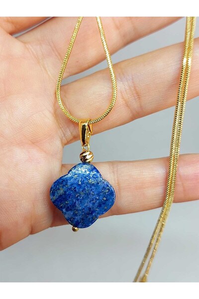 Yasamtohumu قلادة من حجر اللازورد بطابع البرسيم - مطلية بالذهب وسلسلة (49800)