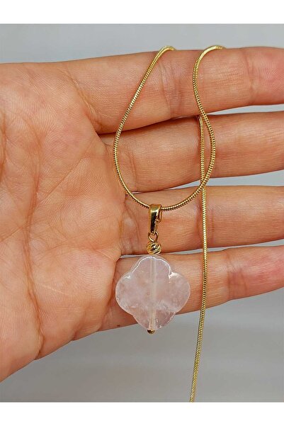 Yasamtohumu Colier cu cuarț roz cu tematică Shamrock - placat cu aur și lanț (49804)