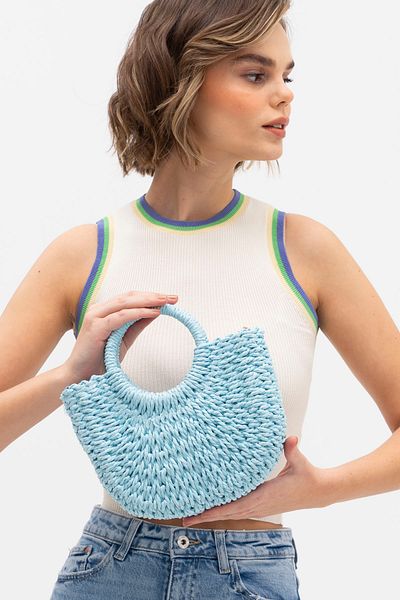 FASHION COCKTAIL Geantă boemă din paie - țesătură tare, mâner cu jumătate de lună, dimensiune mini cu curea și șnur de căptușeală