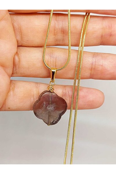 Yasamtohumu قلادة كوارتز سموكي بطابع البرسيم - مطلية بالذهب وسلسلة (49802)