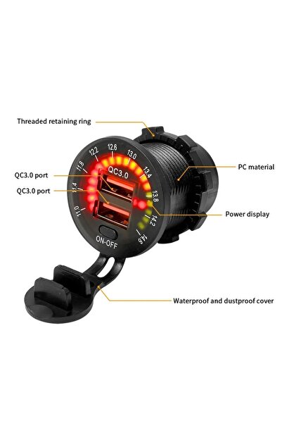 Buhara PANO TİP AKÜ GÖSTERGELİ USB ARAÇ ŞARJ SOKETİ 2Lİ USB 3.0