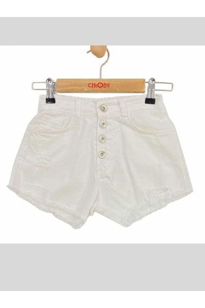 Çikoby White/Black Girl's Denim Shorts - Ripped Detail, Woven