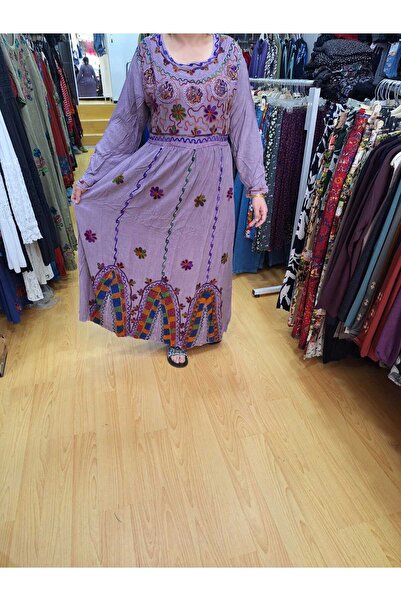NUR TEKSTİL kadın lila  %100 Pamuk uzun  kol nakış işlemeli  beli lastikli et...