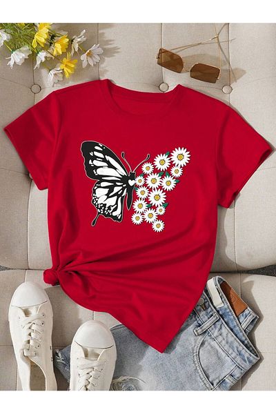 Mella&Co Tricou de damă din bumbac pieptănat supradimensionat cu imprimeu fluture