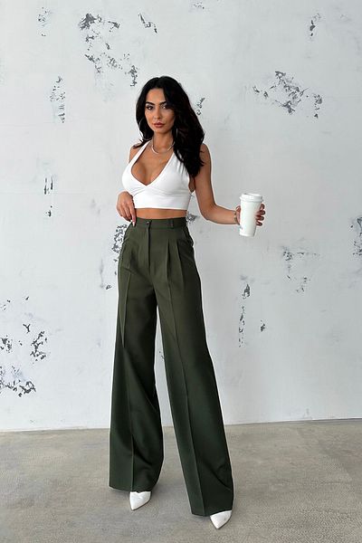 Ortaya Çık Dark Khaki Pleated Fabric Palazzo Trousers