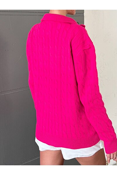 scyllastore Pembe Polo Yaka Fermuarlı Kazak