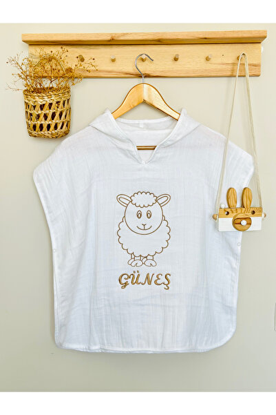 JUNİPERUS Kişiye Özel Organik %100 Pamuk Multı Müslin Kapşonlu Plaj Çocuk Bebek Panço Bornoz Banyo Havlu