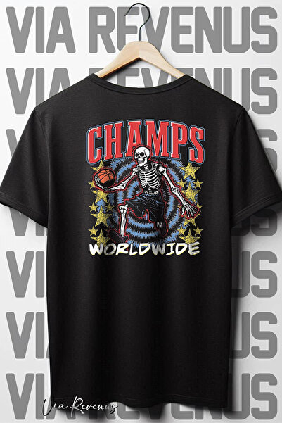 Vordevia CHAMPS Чорна футболка оверсайз - велосипедний комір, принт на спині