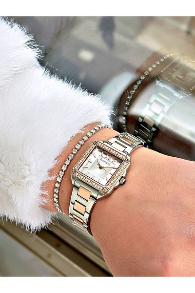 Ferrucci Silver Rose Square Model Women's Wristwatch with Stoned Steel Cord - with Bracelet Gift