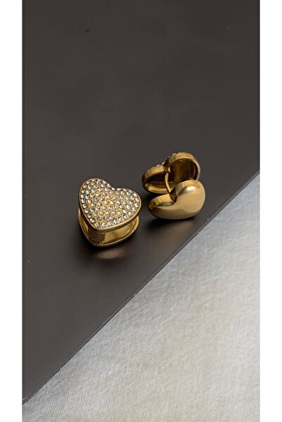 Opia JEWELRY - Zirkon Gömme Çift Taraflı Çelik Kalp Küpe