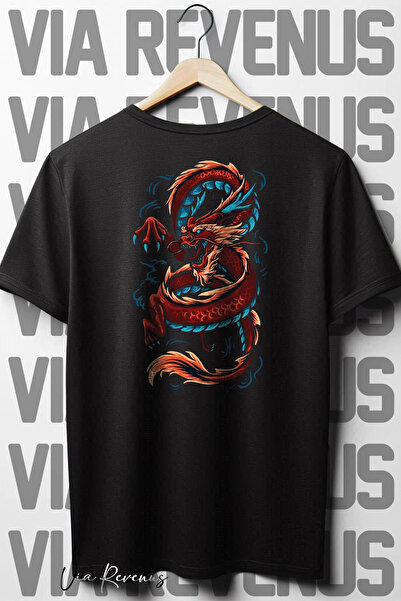 Vordevia Crna Oversize kroj Dragon Štampano okrugla kragna majica