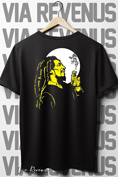 Vordevia تي شيرت بوب مارلي بطبعة خلفية - تي شيرت أسود كبير الحجم برقبة دائرية