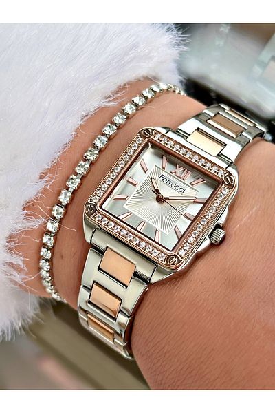 Ferrucci Silver Rose Square Model Women's Wristwatch with Stoned Steel Cord - with Bracelet Gift