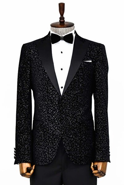 Wessi Leopar Desenli Slim Fit Siyah Erkek Smokin Ceket - Wessi