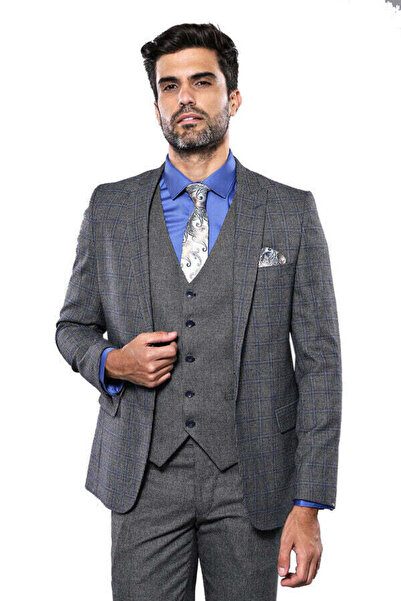 Wessi Ekose Slim Fit Siyah-Gri Yelekli Spor Takım Elbise - Wessi