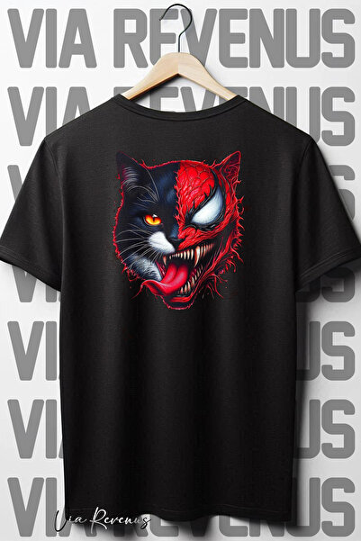 Vordevia Mačka Đavo okrugla kragna Oversize kroj Crna T-shirt - Leđa Štampano