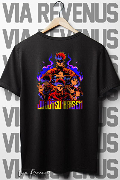 Vordevia Jujutsu Kaisen okrugla kragna Oversize kroj Crna majica - Leđa Štampano