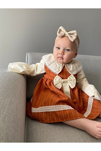 Minizade ÇİZGİLİ FİYONKLU KURDELELİ BEBE YAKALI KIZ BEBEK/ÇOCUK ELBİSE