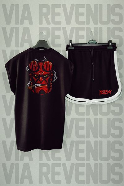 Vordevia Hellboy Oversize Black Sports T-shirt and Shorts Set - Back Print, Zero Sleeve, Crew Neck
