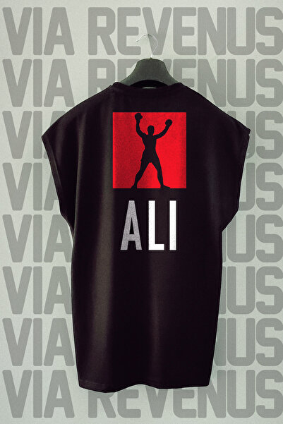 Vordevia Muhammed Ali Sırt Baskılı Sıfır Kollu Oversize Bisiklet Yaka Siyah Spor Tshirt