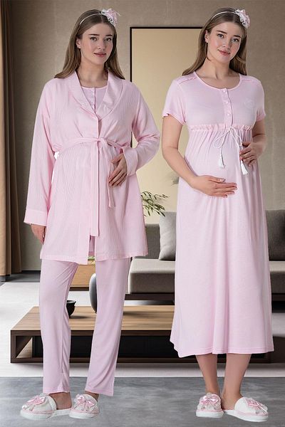 Mecit Pijama طقم الأمومة - بيجامة نوم مخططة بثلاثة أزرار مع ثوب صباحي، 75% فيسكوز، 25% ليكرا