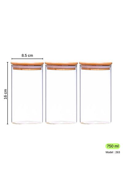 LADYNUR 750ml Bamboo Glass Spice Rack - Vacuum Lid, 3 Pieces / 16cmx8.5cm 750cc
