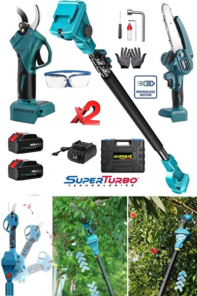 stilmax Germany 2100VLİON BLUE 2'li Bir Arada Çift Akülü Teleskopik Dal Budama Bağ Makası Seti  2.70Mt
