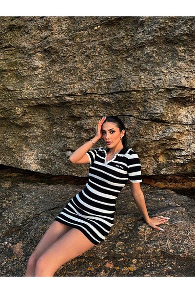 kenza'a Rochie mini tricotaj pentru damă cu guler polo în dungi