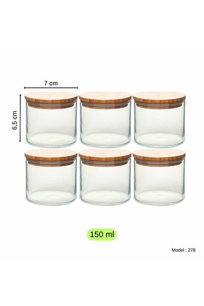 LADYNUR 6 Bamboo Spice Holders - Wide Glass, Vacuum Lid, 150ml / 6.5cm x 7cm